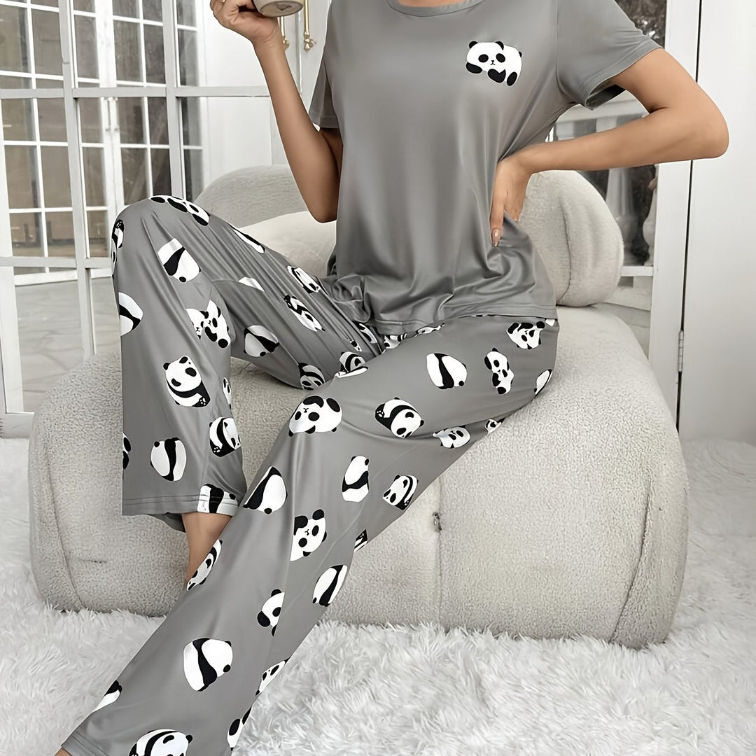 Women's Grey Pajamas Panda Print Short Sleeve Two Piece