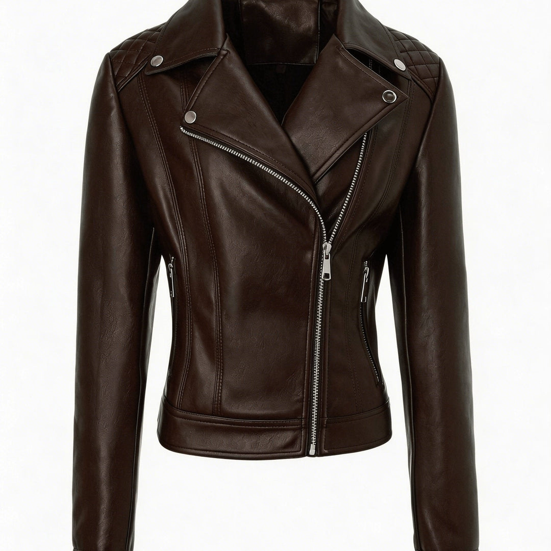 Women's Leather Moto Jacket Notch Lapel Asymmetric Zip Front Fitted Style