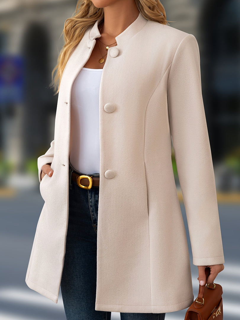 Women's Wool Coat Stand Collar Button Front Belted Waist