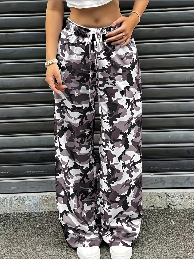 Women's Camo Cargo Pants Wide Leg Drawstring Waist Baggy Fit