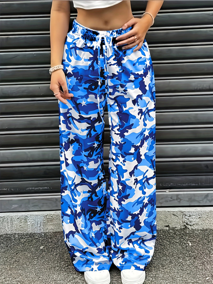 Women's Camo Cargo Pants Wide Leg Drawstring Waist Baggy Fit