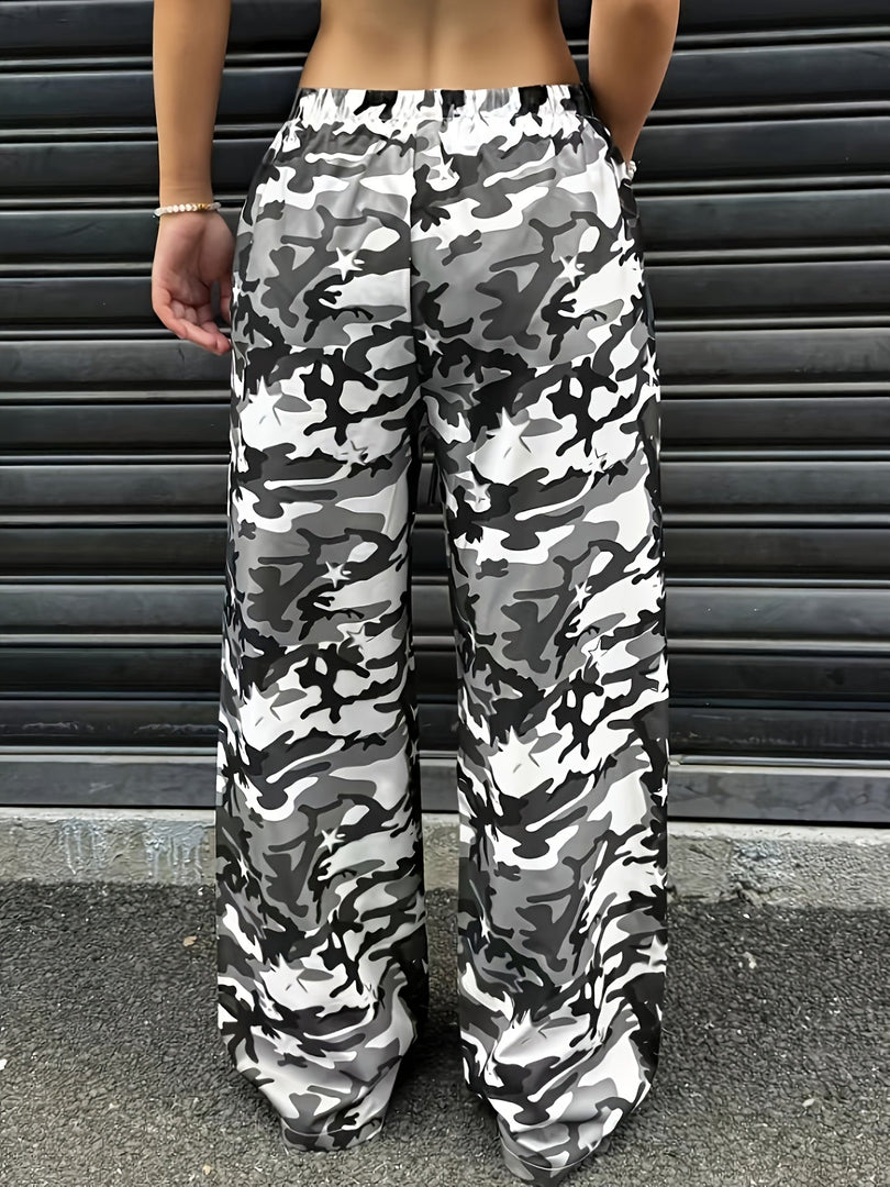 Women's Camo Cargo Pants Wide Leg Drawstring Waist Baggy Fit