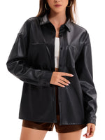 Load image into Gallery viewer, Women's Leather Jacket Button Front Collared Oversized Shacket Style
