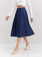 Load image into Gallery viewer, Women's Medium Blue Denim Midi Skirt Button Front a Line Pleated Style
