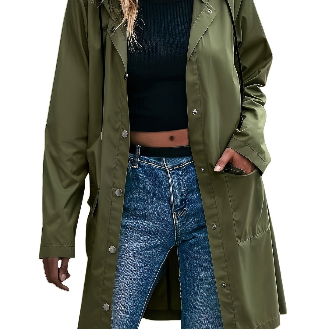 Women's Trench Coat Hooded Button Front Longline Pocket Style