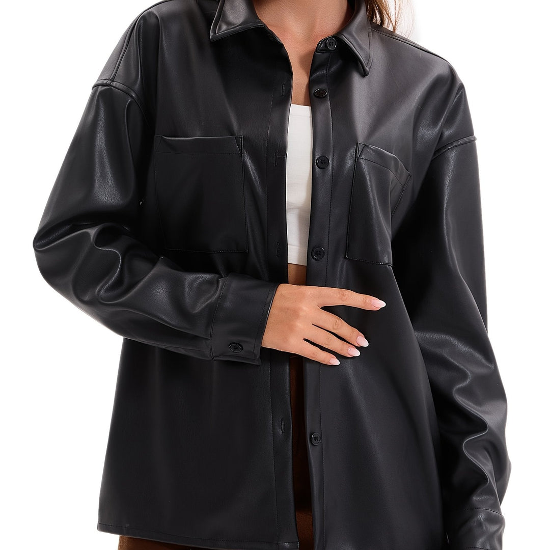 Women's Leather Jacket Button Front Collared Oversized Shacket Style