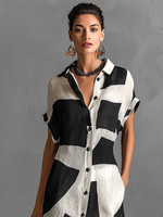 Load image into Gallery viewer, Women's Black and White Shirt Dress Lapel Collar Color Block Button Front Short Sleeve Linen Casual Maxi Style
