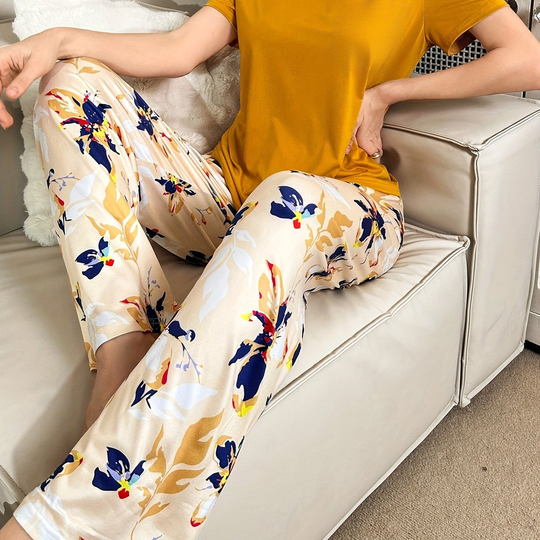 Women's Mustard Pajamas Floral Print Short Sleeve Two Piece