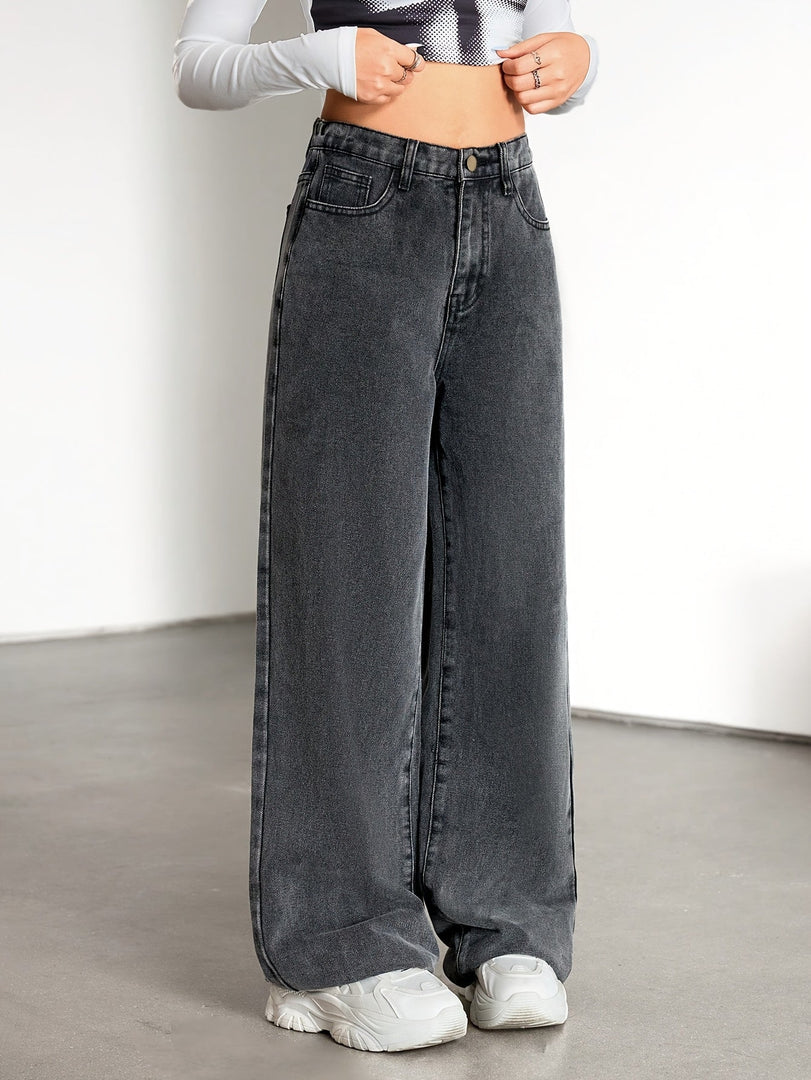 Women's Grey Wide Leg Jeans High Waist Flowing Loose Fit Denim Style