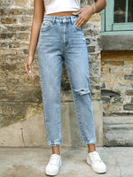 Load image into Gallery viewer, Women's Blue Relaxed Mom Jeans High Waist Distressed Tapered Leg
