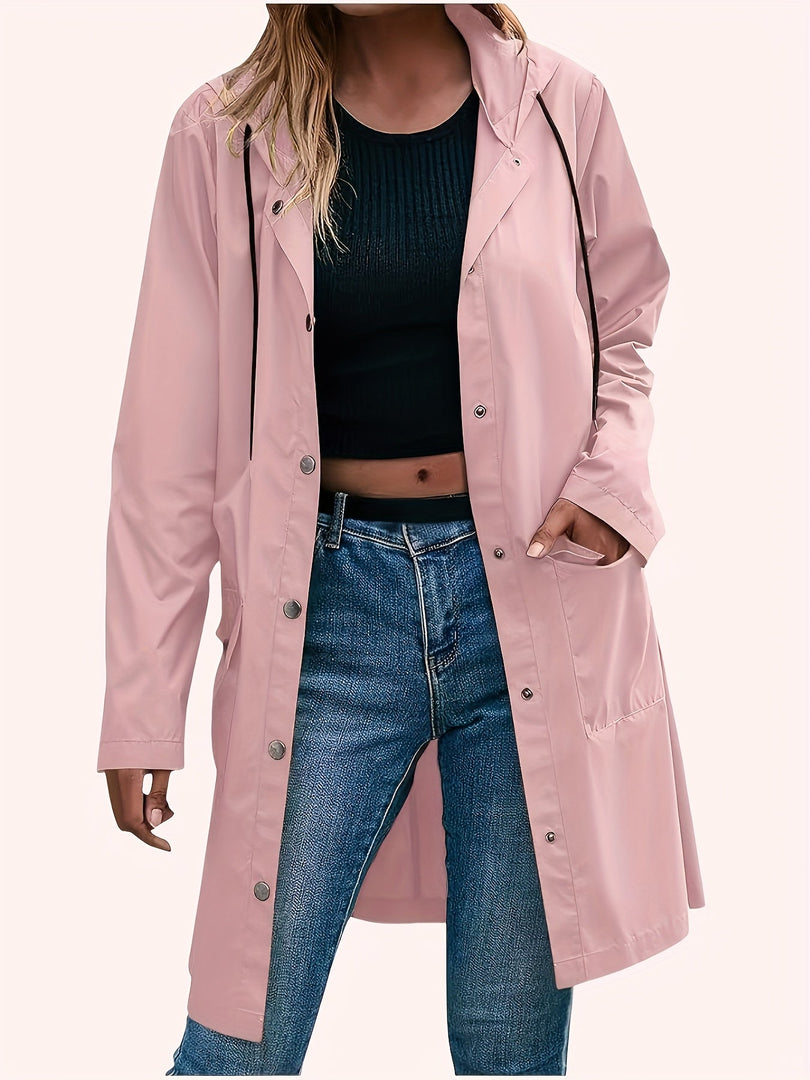 Women's Trench Coat Hooded Button Front Longline Pocket Style