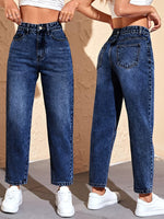 Load image into Gallery viewer, Women's Medium Blue Relaxed Mom Jeans High Waist Straight Leg Wide Cuff
