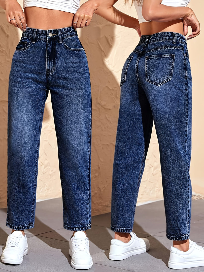 Women's Medium Blue Relaxed Mom Jeans High Waist Straight Leg Wide Cuff