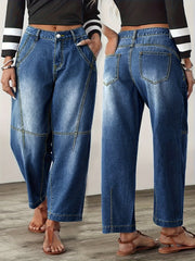 Women's Blue Relaxed Barrel Jeans High Waist Seam Detail Cropped Ankle