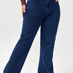 Load image into Gallery viewer, Women's Dark Blue Wide Leg Jeans High Waist Flare Flowing Denim Style
