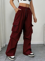 Load image into Gallery viewer, Women's Burgundy Cargo Pants Drawstring Waist Pocket Style
