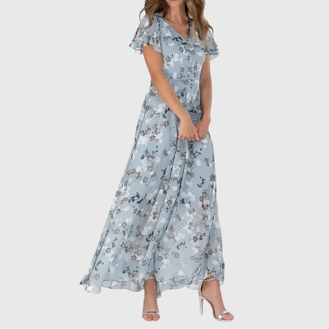Women's Floral Maxi Dress V Neck Flutter Sleeve Flowing Chiffon Boho Style