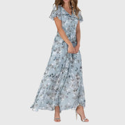 Women's Floral Maxi Dress V Neck Flutter Sleeve Flowing Chiffon Boho Style