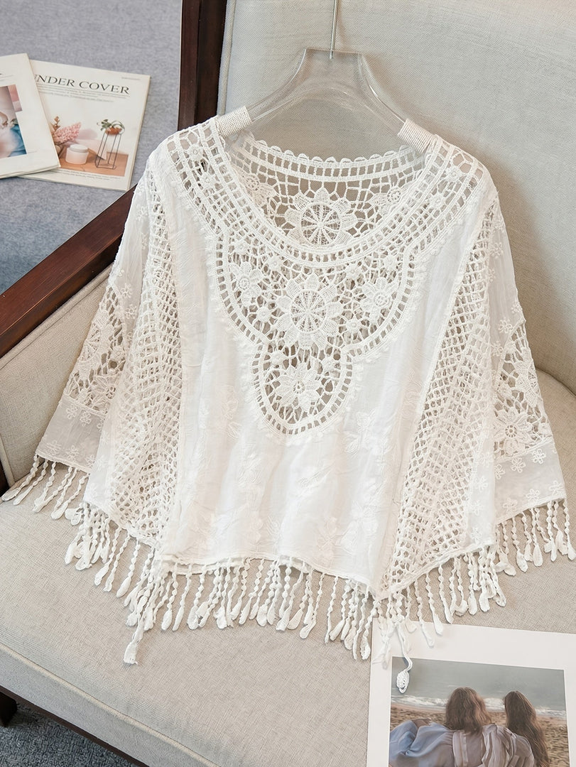Women's Cream Poncho Shirt Crochet Lace Fringe Hem Draped Style