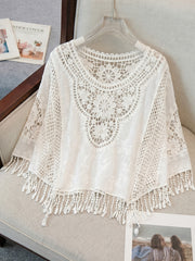 Women's Cream Poncho Shirt Crochet Lace Fringe Hem Draped Style