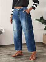 Load image into Gallery viewer, Women's Blue Relaxed Barrel Jeans High Waist Seam Detail Cropped Ankle
