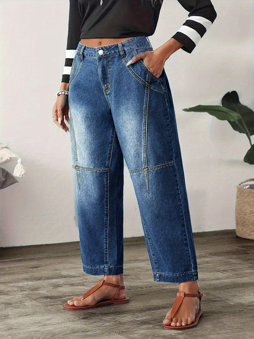 Women's Blue Relaxed Barrel Jeans High Waist Seam Detail Cropped Ankle