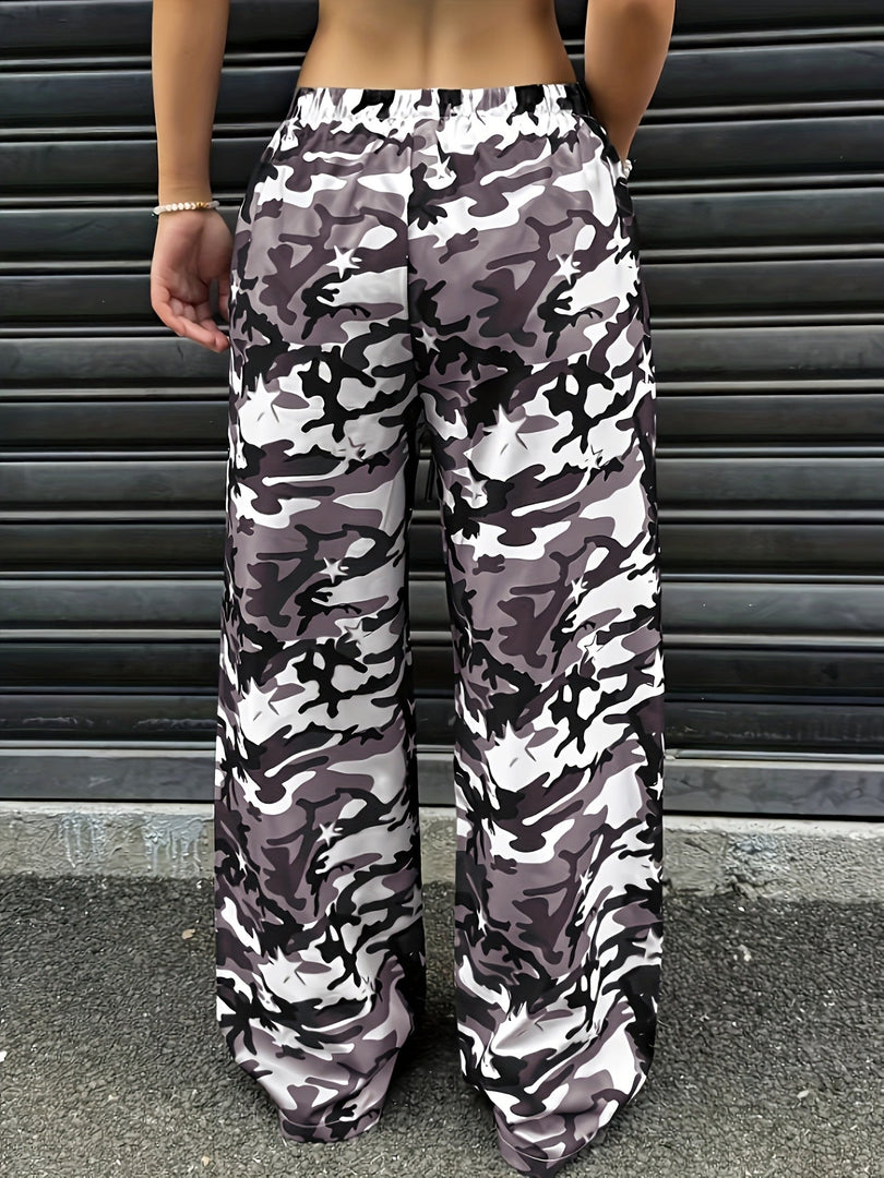 Women's Camo Cargo Pants Wide Leg Drawstring Waist Baggy Fit