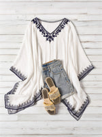 Load image into Gallery viewer, Women's Poncho Shirt V Neck Embroidered Trim Draped Batwing Style
