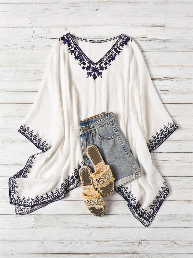 Women's Poncho Shirt V Neck Embroidered Trim Draped Batwing Style