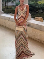 Load image into Gallery viewer, Women's Maxi Dress Chevron Crochet Print Open Back Spaghetti Straps
