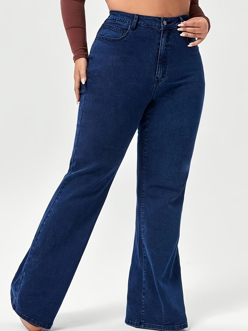 Women's Dark Blue Wide Leg Jeans High Waist Flare Flowing Denim Style