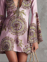 Load image into Gallery viewer, Women's Pink Mini Dress Deep V Neck Flare Sleeve Totem Print

