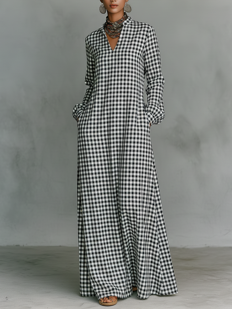 Effortless Plaid Maxi Dress for Women with V Neck Long Sleeve Oversized Casual Shirt Dress Style