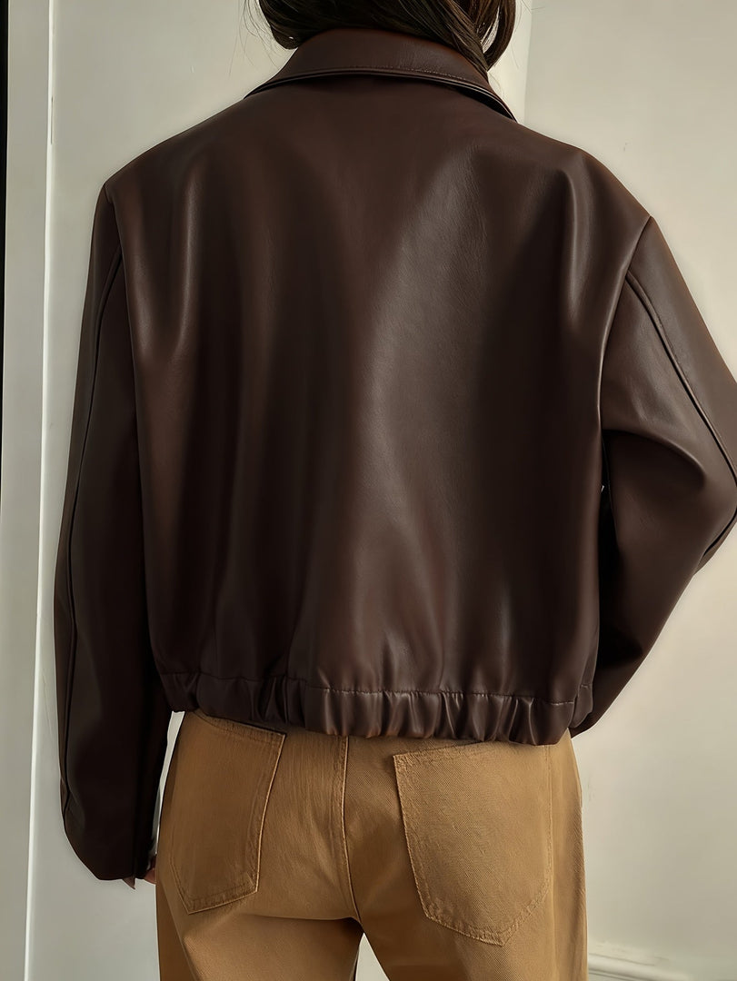 Women's Brown Leather Jacket Collar Zip Front Cropped Style