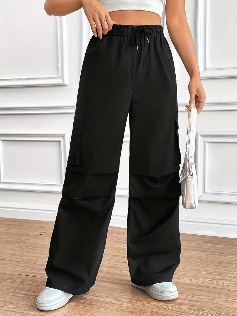 Women's Black Cargo Pants High Waist Drawstring Wide Leg Relaxed Style