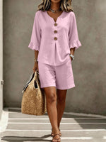 Load image into Gallery viewer, Women's Linen Two Piece Set V Neck Button Front Ruffle Sleeve Shorts Style
