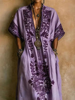 Load image into Gallery viewer, Women's Purple Maxi Dress Embroidered Print Kaftan Batwing Sleeve Flowing Style
