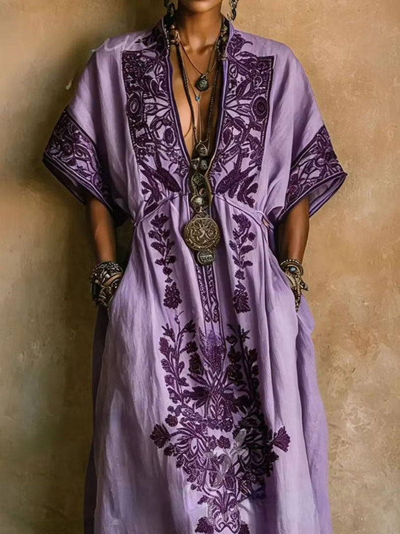 Women's Purple Maxi Dress Embroidered Print Kaftan Batwing Sleeve Flowing Style