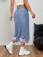 Load image into Gallery viewer, Women's Blue Denim Jean Skirt High Waist Ripped Side Slit a Line Midi Casual Style

