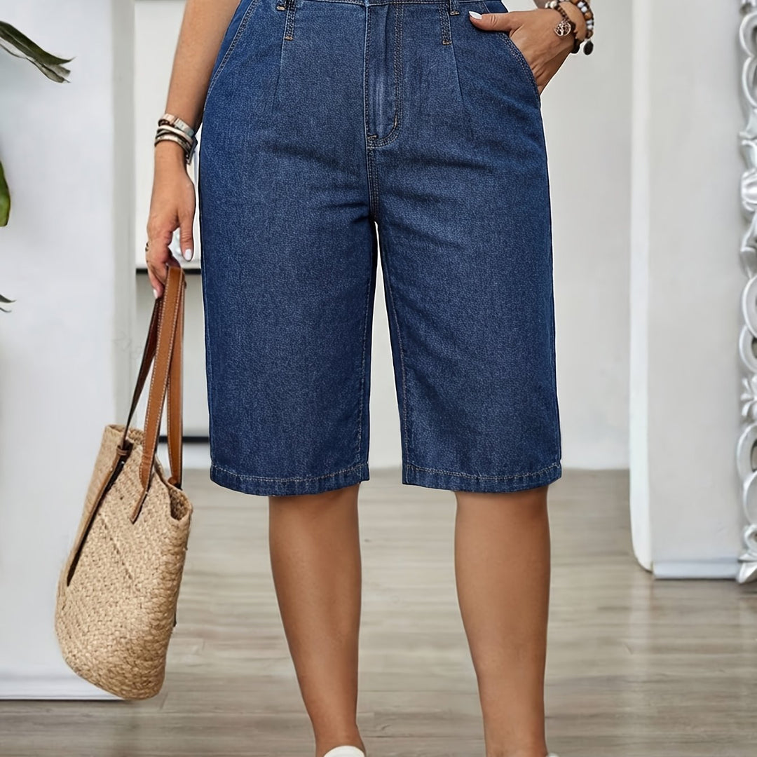 Women's Blue Denim Bermuda Jean Shorts High Waist Pleated Wide Leg