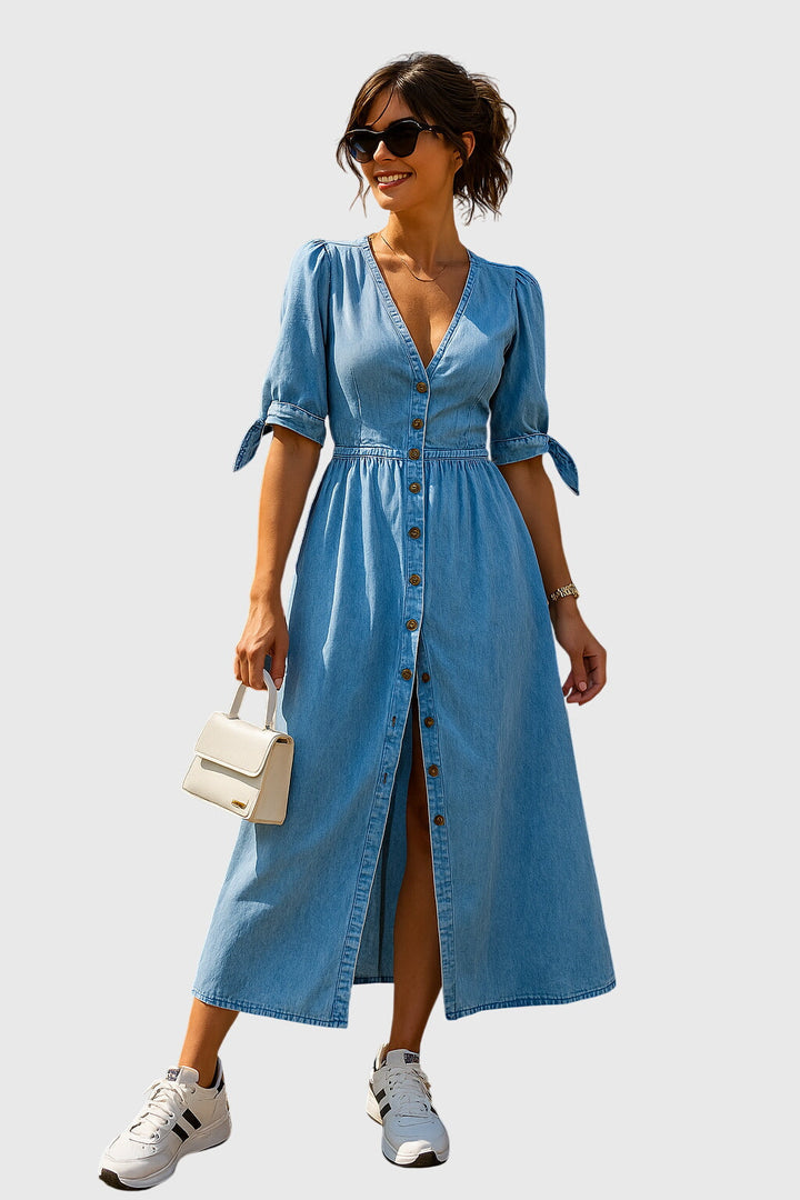 Women's Denim Midi Dress V-Neck Button Front Tie Sleeve Casual Style