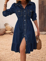 Load image into Gallery viewer, Women's Blue Denim Dress Collar Elbow Sleeve Button Front Ruffle Midi Style

