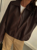 Load image into Gallery viewer, Women's Brown Leather Jacket Collar Zip Front Cropped Style
