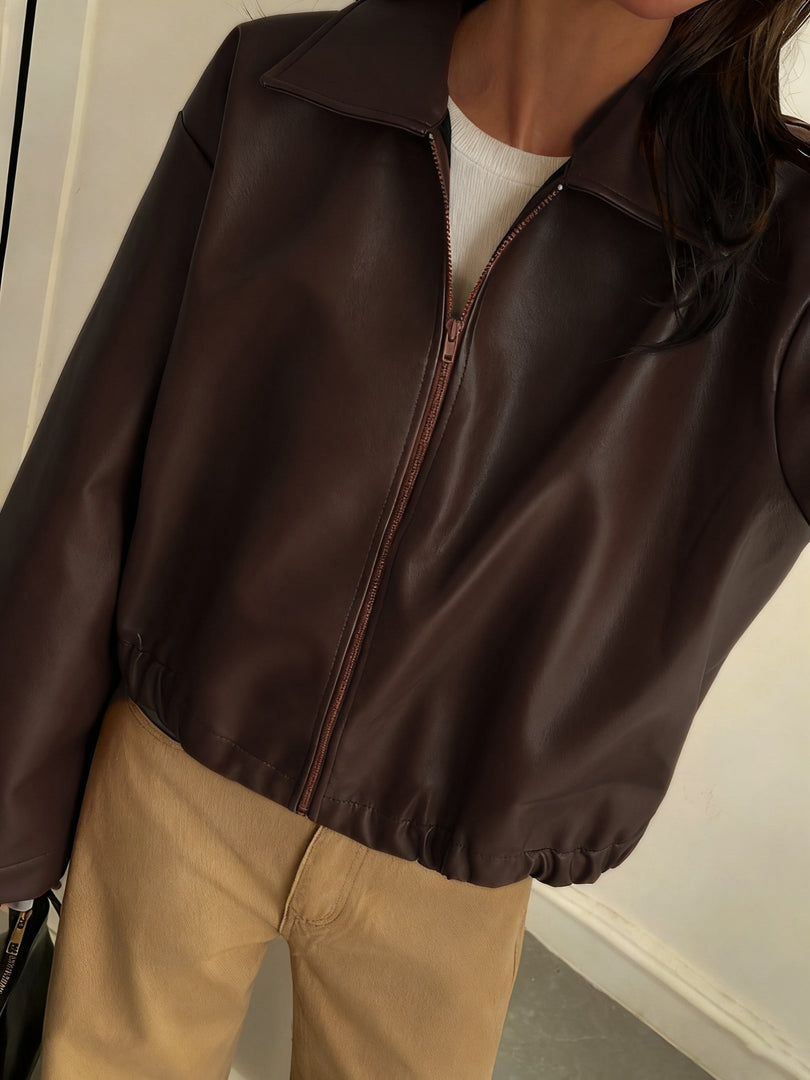 Women's Brown Leather Jacket Collar Zip Front Cropped Style