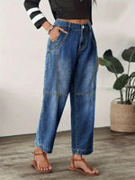 Load image into Gallery viewer, Women's Blue Relaxed Barrel Jeans High Waist Seam Detail Cropped Ankle
