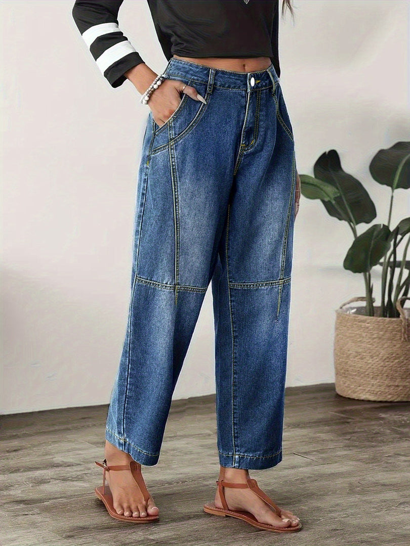 Women's Blue Relaxed Barrel Jeans High Waist Seam Detail Cropped Ankle