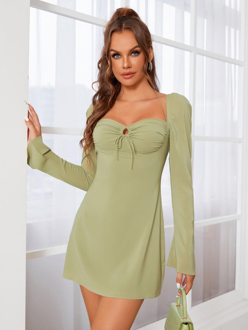 Halter Tie Ruched Bell Sleeve Dress | Wedding Guest Dress