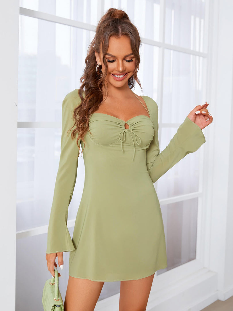 Halter Tie Ruched Bell Sleeve Dress | Wedding Guest Dress