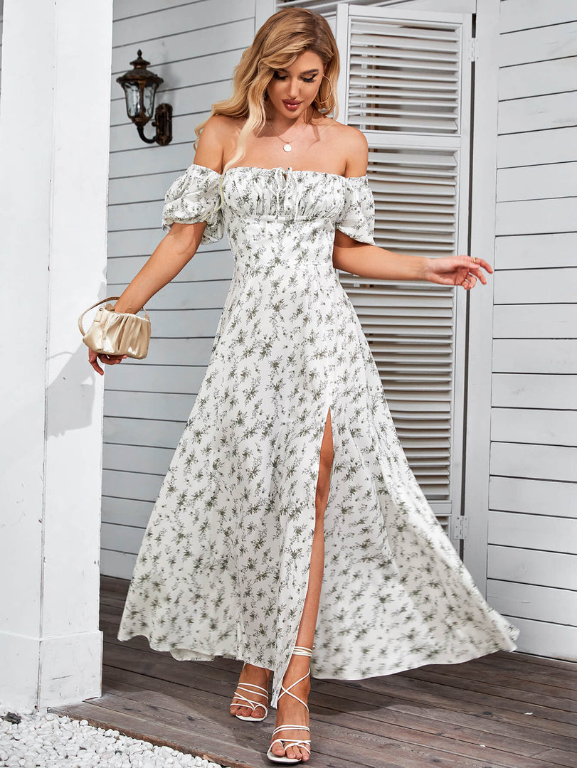 Puff Sleeve High Split Floral Print Dress | Wedding Guest Dress, Vacation Dress