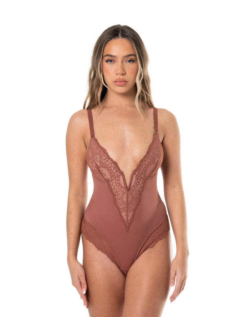 Snatch Them CocoaPlums! | V-Neck Half Laced Bodysuit